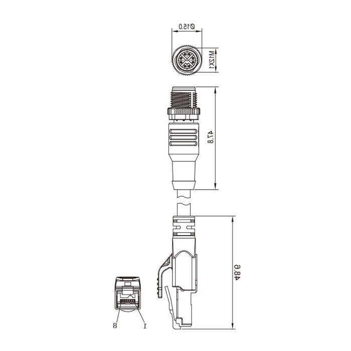 M12 8Pin（X-coded）公头直型转RJ45公头直型、双端预铸TPE柔性电缆、带屏蔽、绿色护套、Ethernet Cat.6a 10Gbps、0CF461-XXX